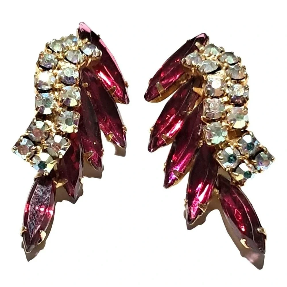 Vintage Pink Rhinestone Earrings with Aurora Borealis Ear Climbers Gold Tone Cli